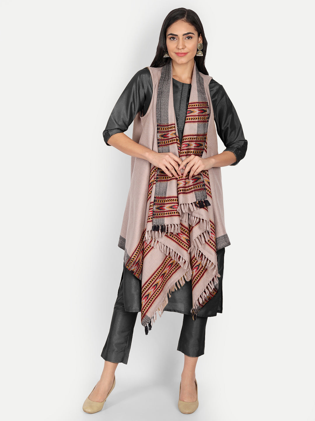 Women's Woven Cape Shrug in Himalayan Stripes | Grey