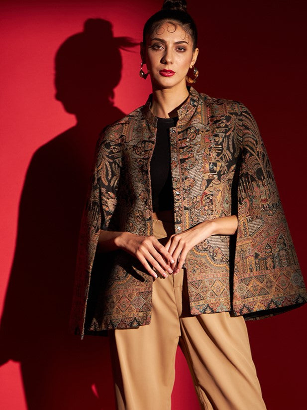 Woven Designer Luxury Cape Jacket for Women | Black