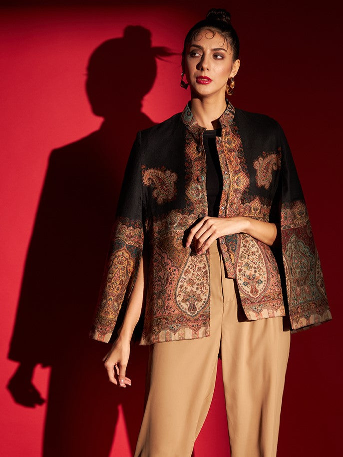 Woven Designer Luxury Cape Jacket for Women | Black