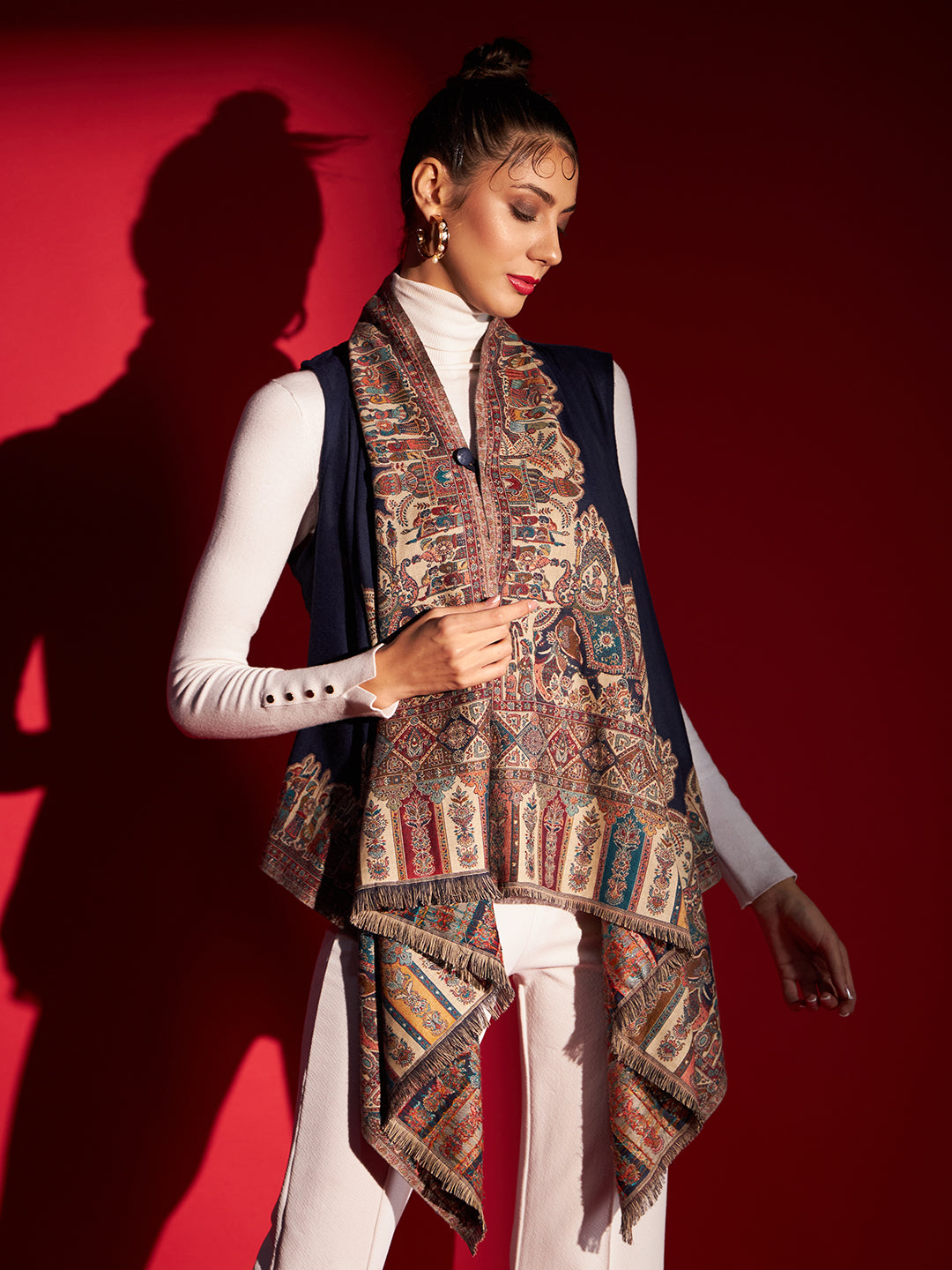 Women's Royal Woven Cape Shrug with Paisley Pattern | Blue