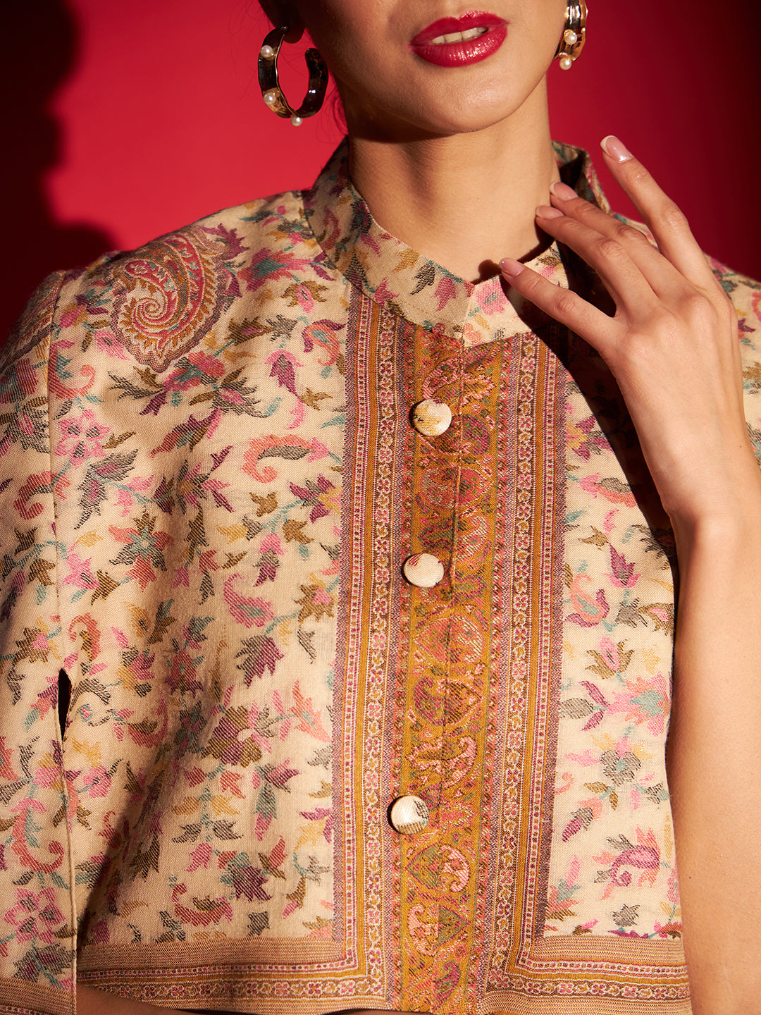 Woven Designer Luxury Cape Jacket for Women | Creame Mustard