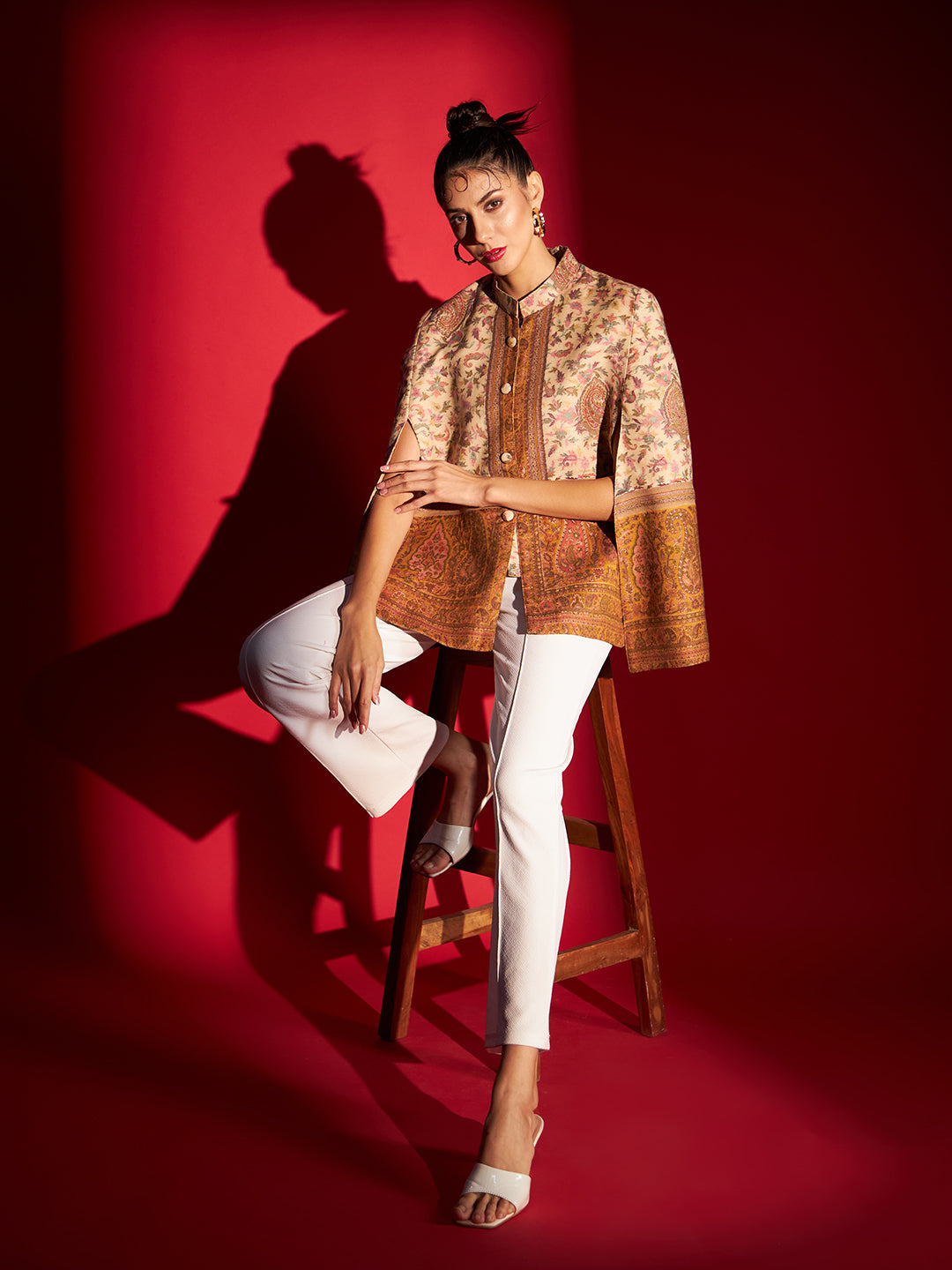 Woven Designer Luxury Cape Jacket for Women | Creame Mustard