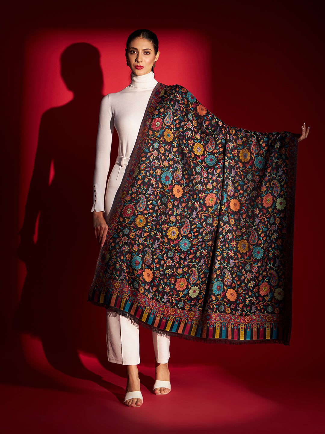 Kani Weave Woven Shawl for Women in Floral Patterns | Black