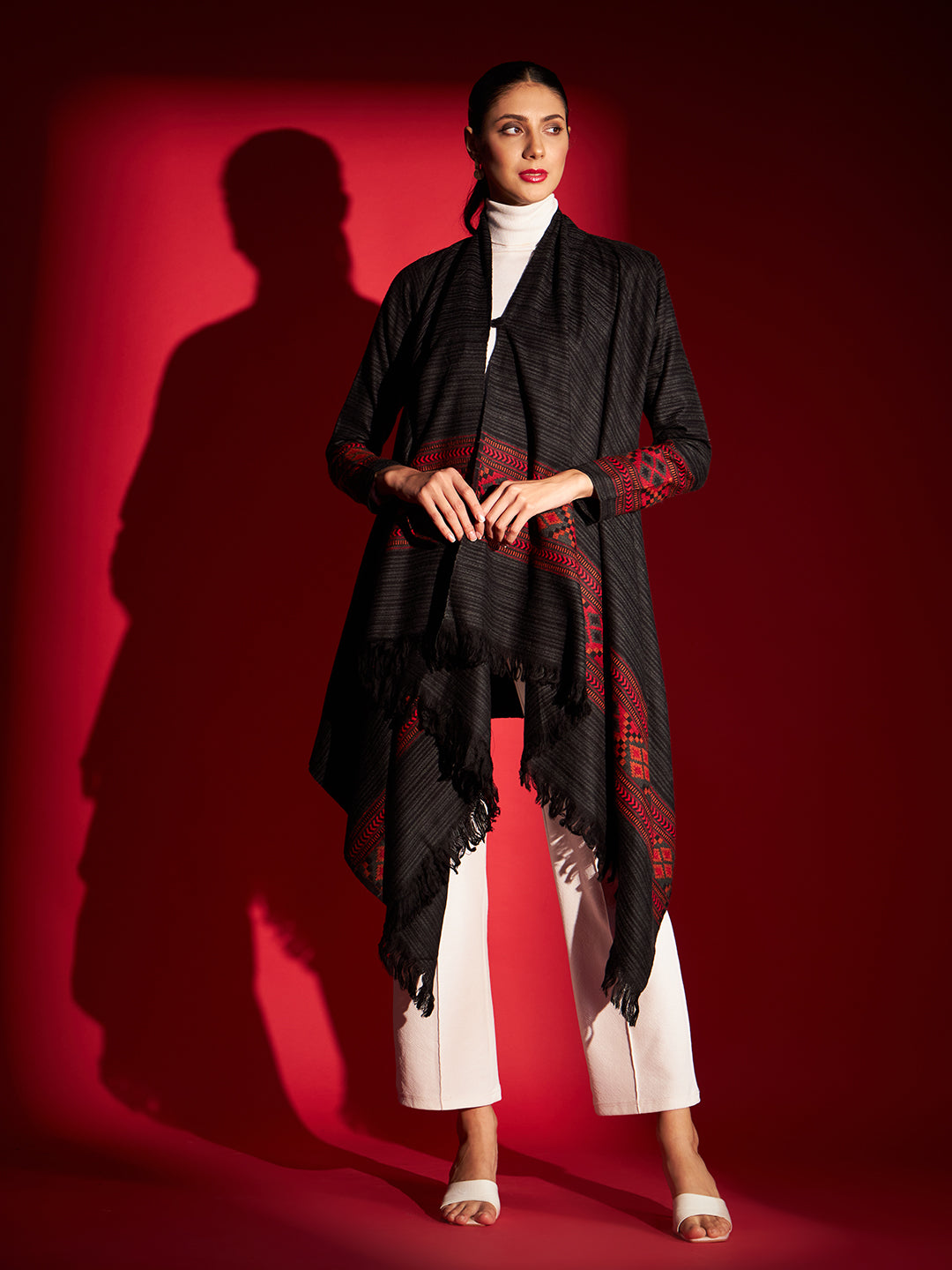 Women's Woven Full Sleeves Cape Shrug in Himalayan Stripes | Black