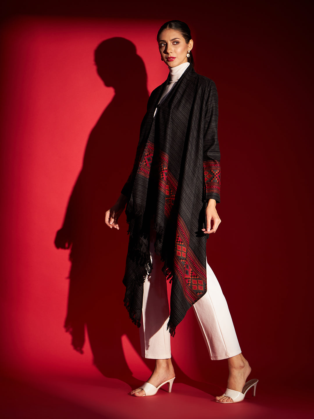 Women's Woven Full Sleeves Cape Shrug in Himalayan Stripes | Black