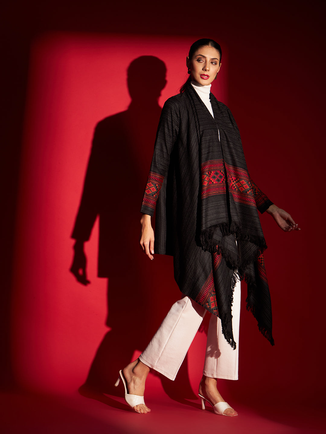 Women's Woven Full Sleeves Cape Shrug in Himalayan Stripes | Black