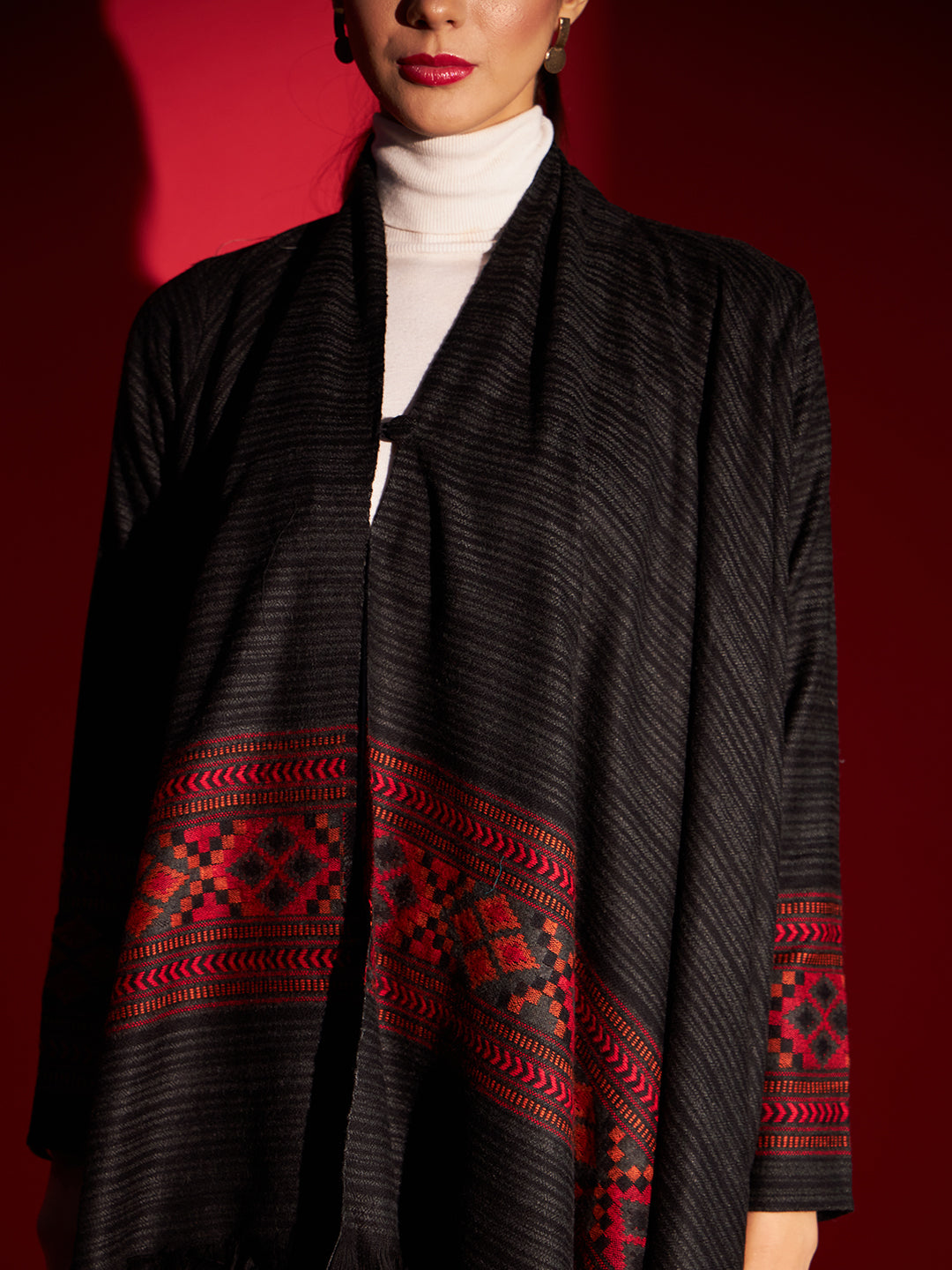 Women's Woven Full Sleeves Cape Shrug in Himalayan Stripes | Black