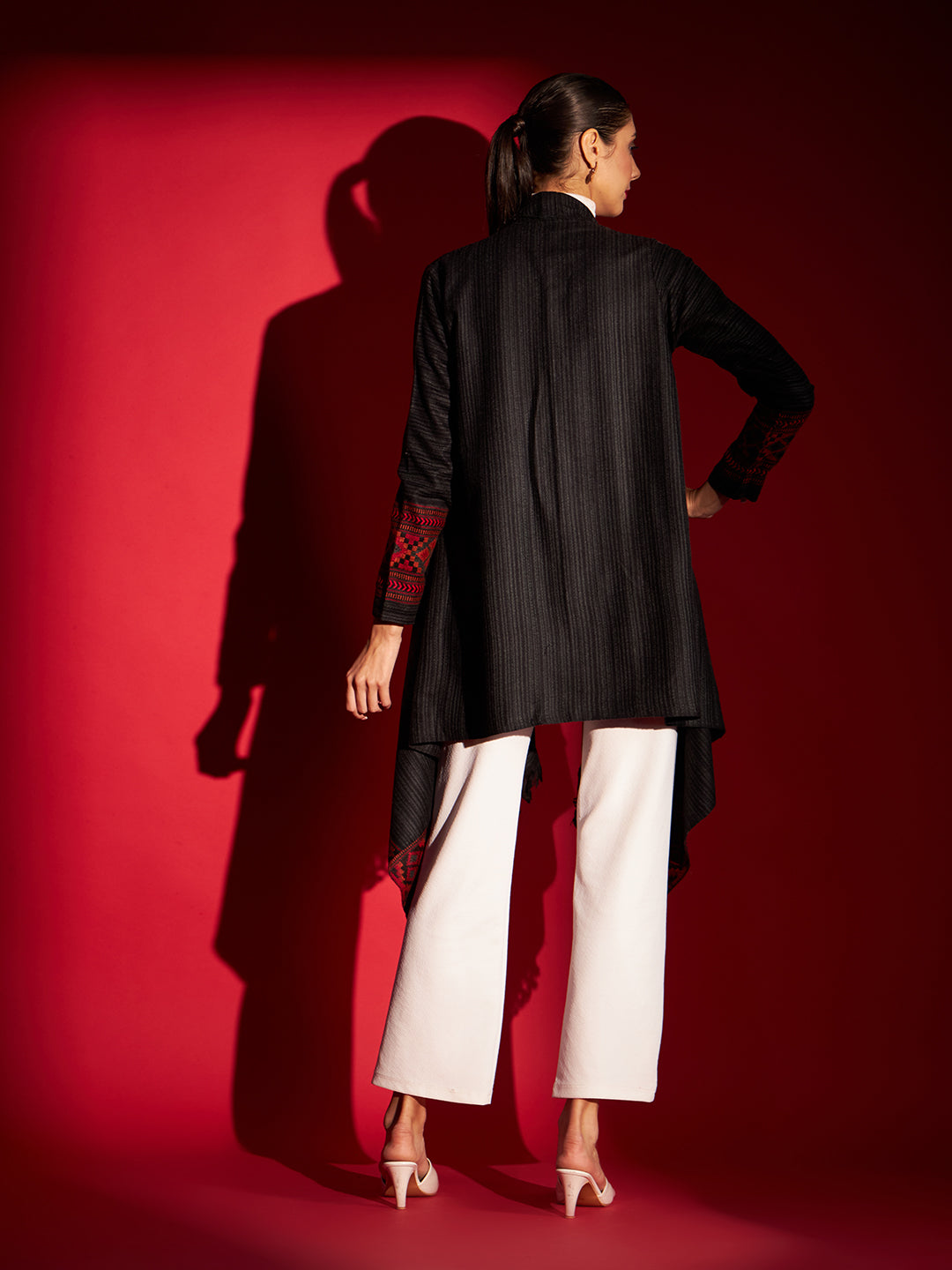 Women's Woven Full Sleeves Cape Shrug in Himalayan Stripes | Black