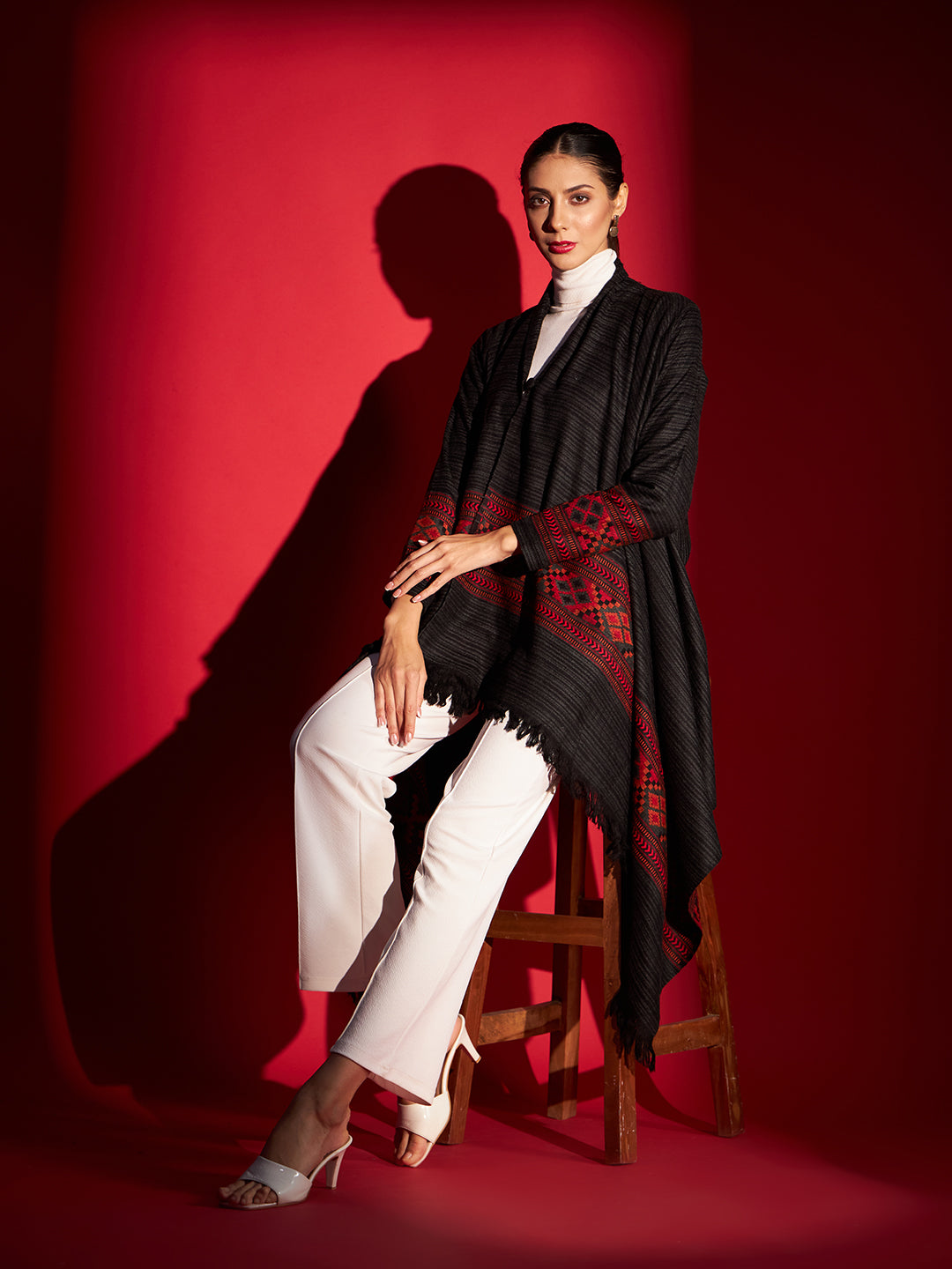 Women's Woven Full Sleeves Cape Shrug in Himalayan Stripes | Black