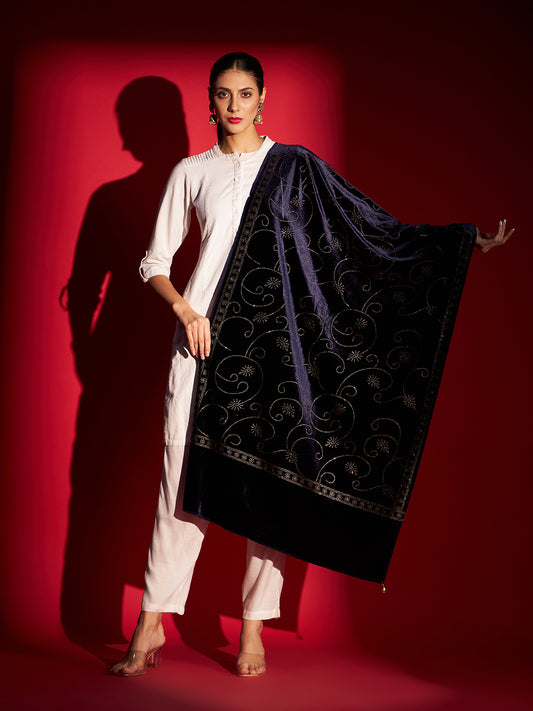 Soft Velvet Stole with Crystal Work Embellishment | Blue