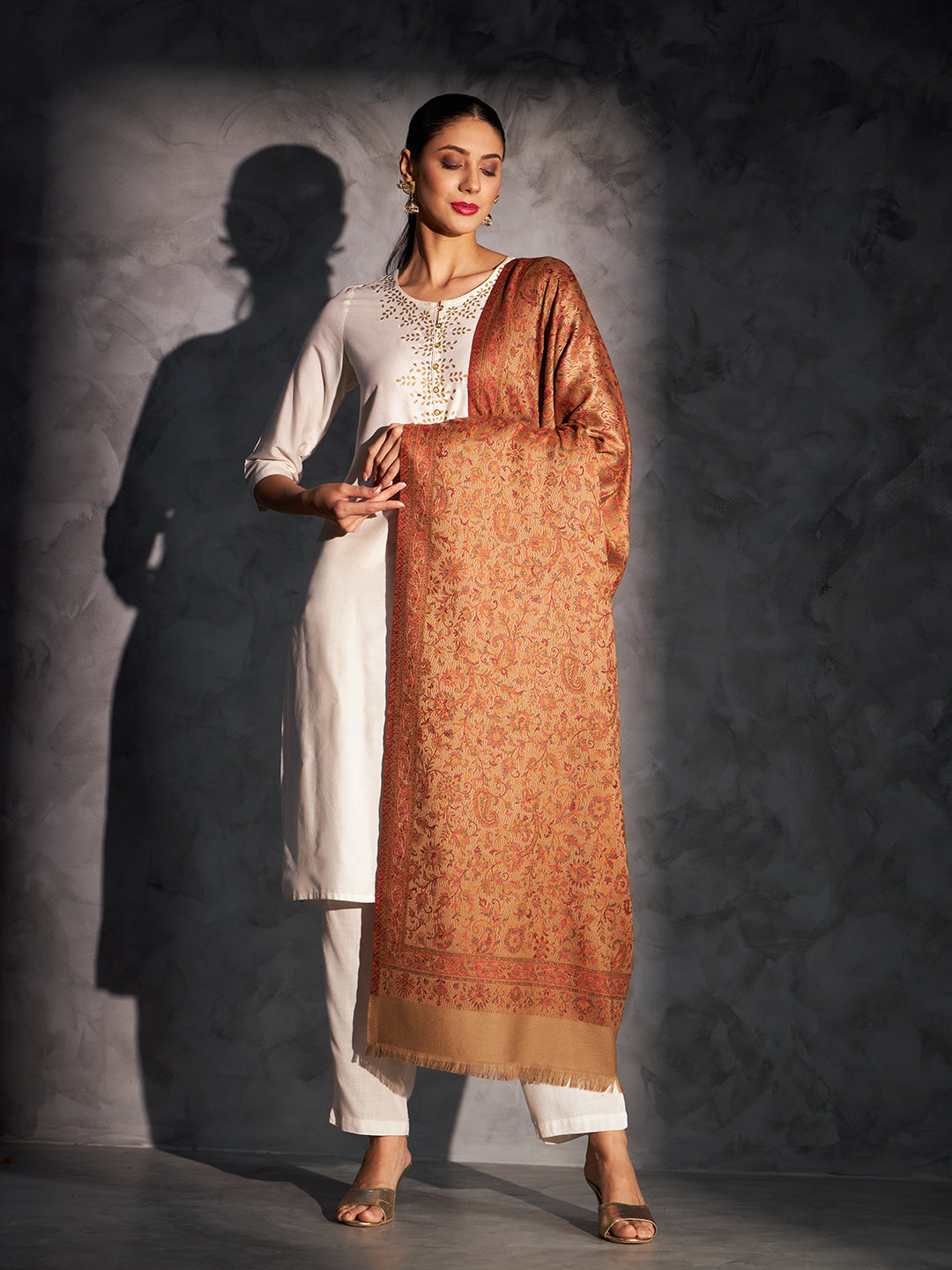 Jacquard Woven Shawl for Women in Floral Patterns | Brown