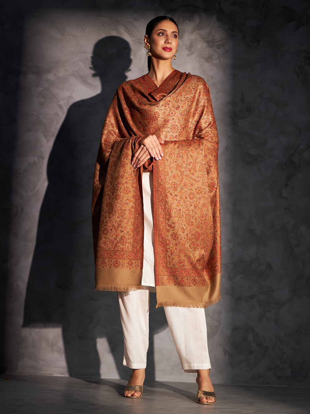 Jacquard Woven Shawl for Women in Floral Patterns | Brown