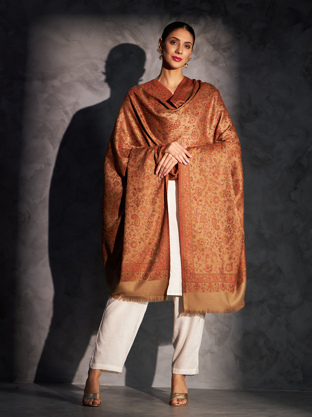 Jacquard Woven Shawl for Women in Floral Patterns | Brown