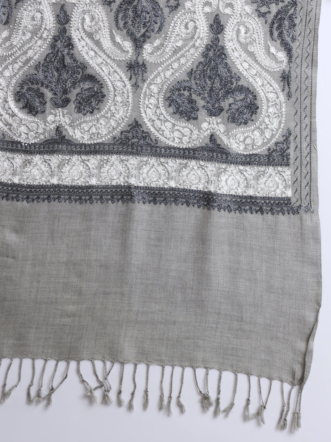 Woollen Pashmina Feel Stole in Silk Embroidery for Men | Grey