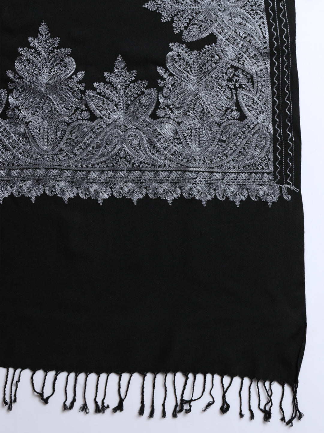 Woollen Pashmina Feel Stole in Silk Embroidery for Men | Black