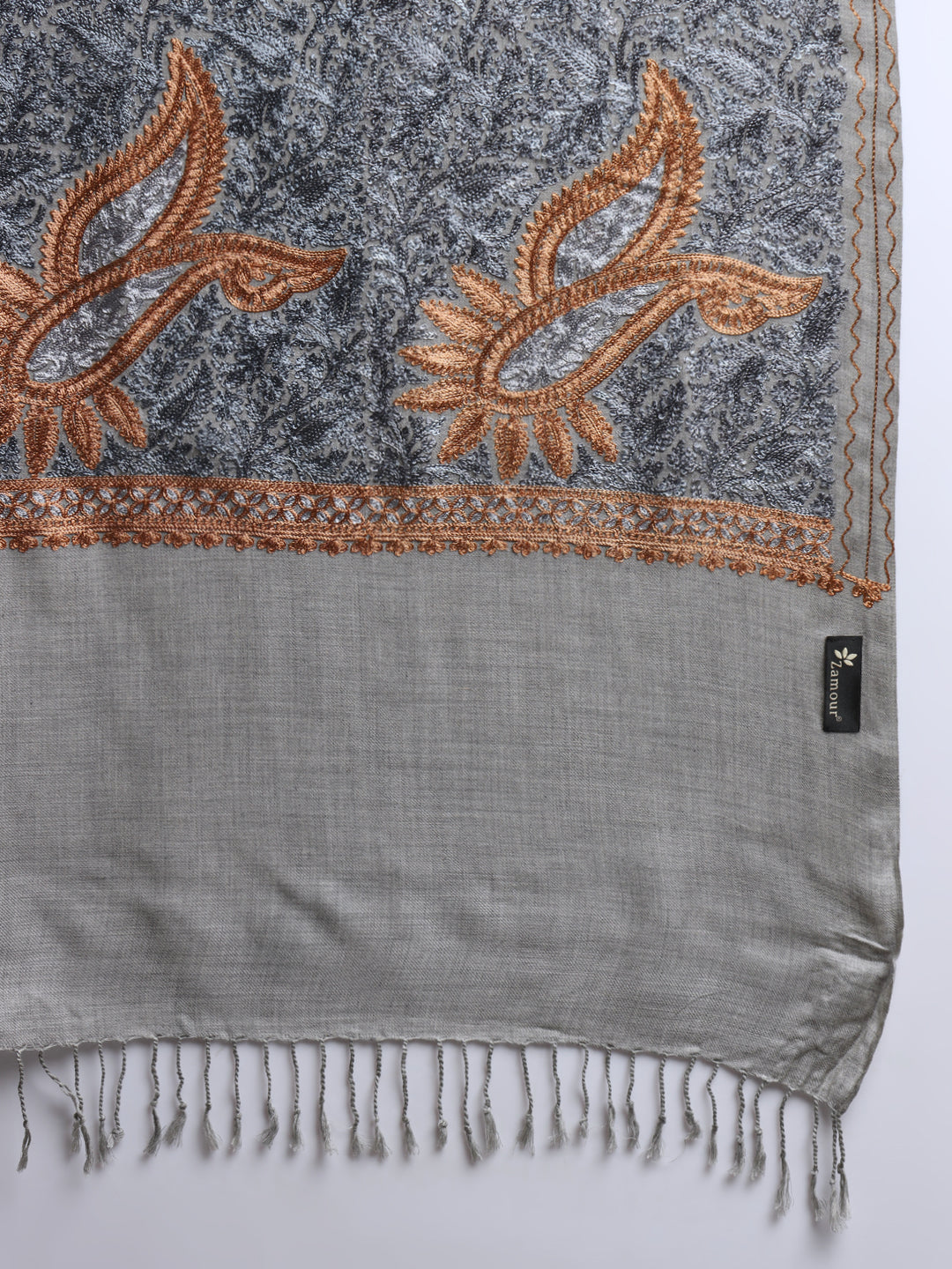 Woollen Pashmina Feel Stole in Silk Embroidery for Men | Grey