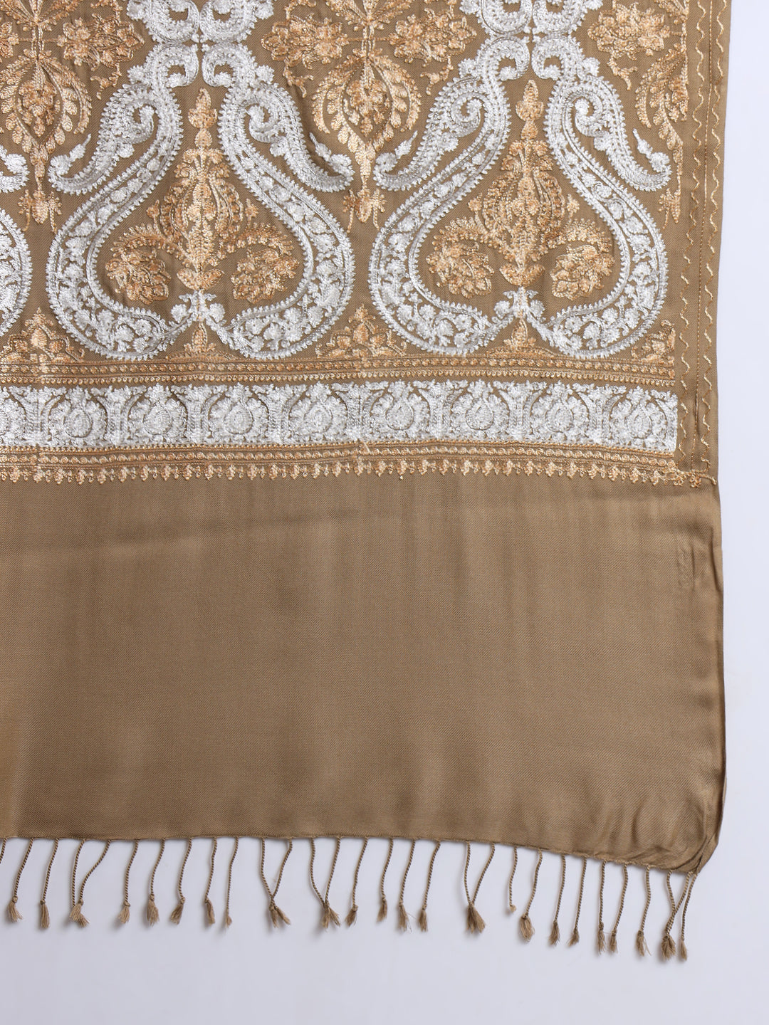 Woollen Pashmina Feel Stole in Silk Embroidery for Men | Brown