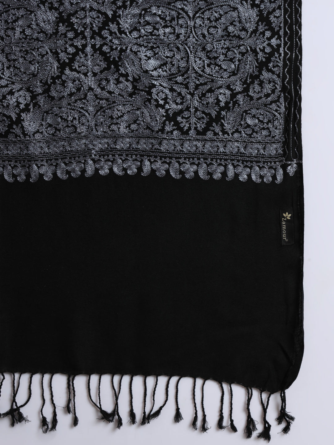 Woollen Pashmina Feel Royal Stole in Silk Embroidery Dense Jaal for Men | Black