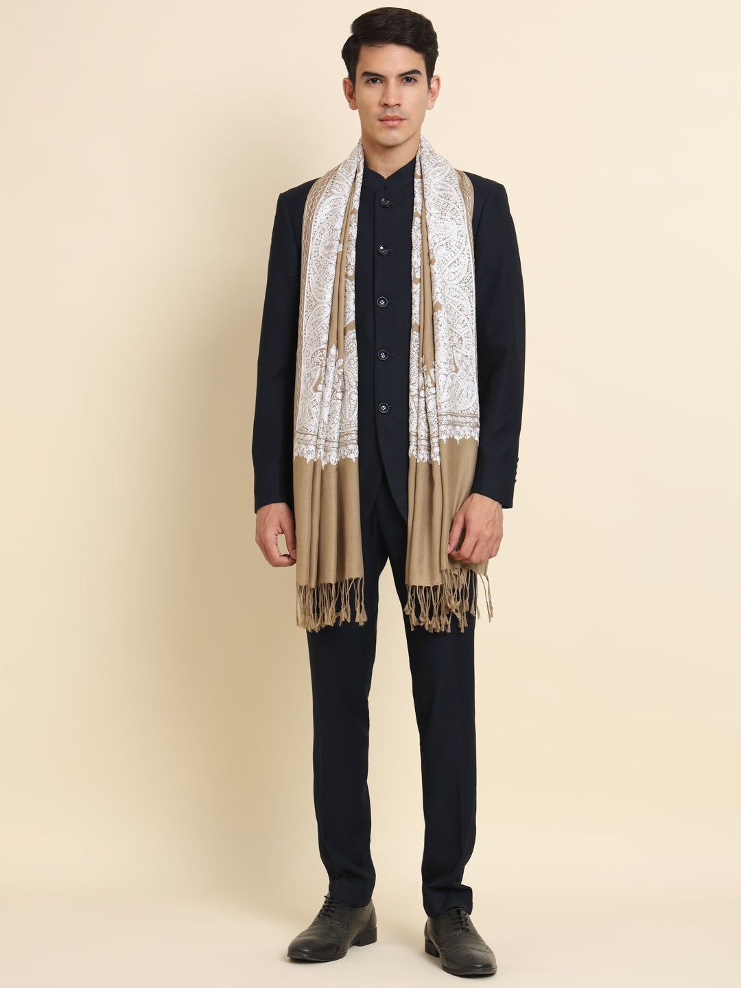 Woollen Pashmina Feel Stole in Silk Embroidery for Men | Brown