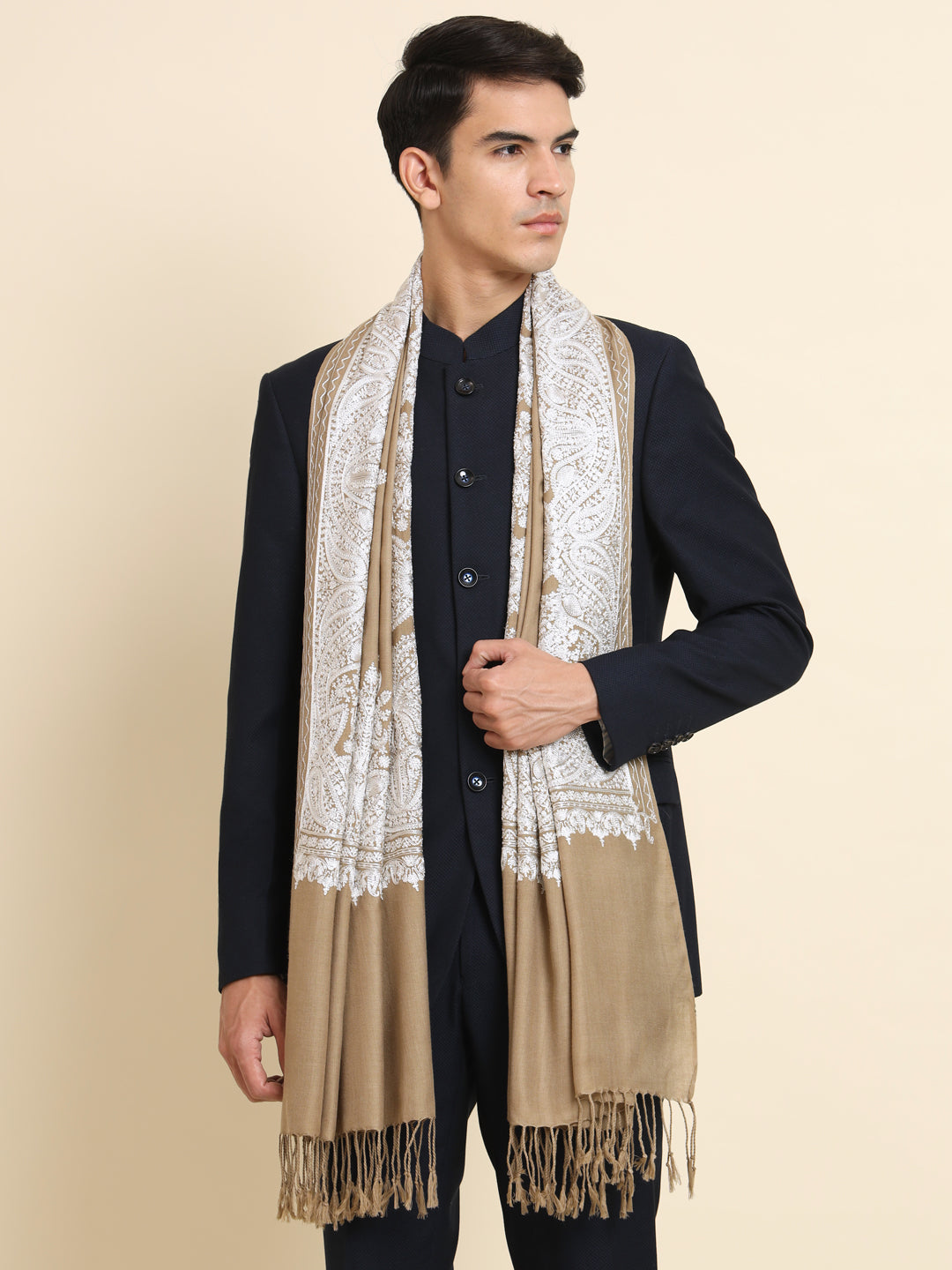 Woollen Pashmina Feel Stole in Silk Embroidery for Men | Brown