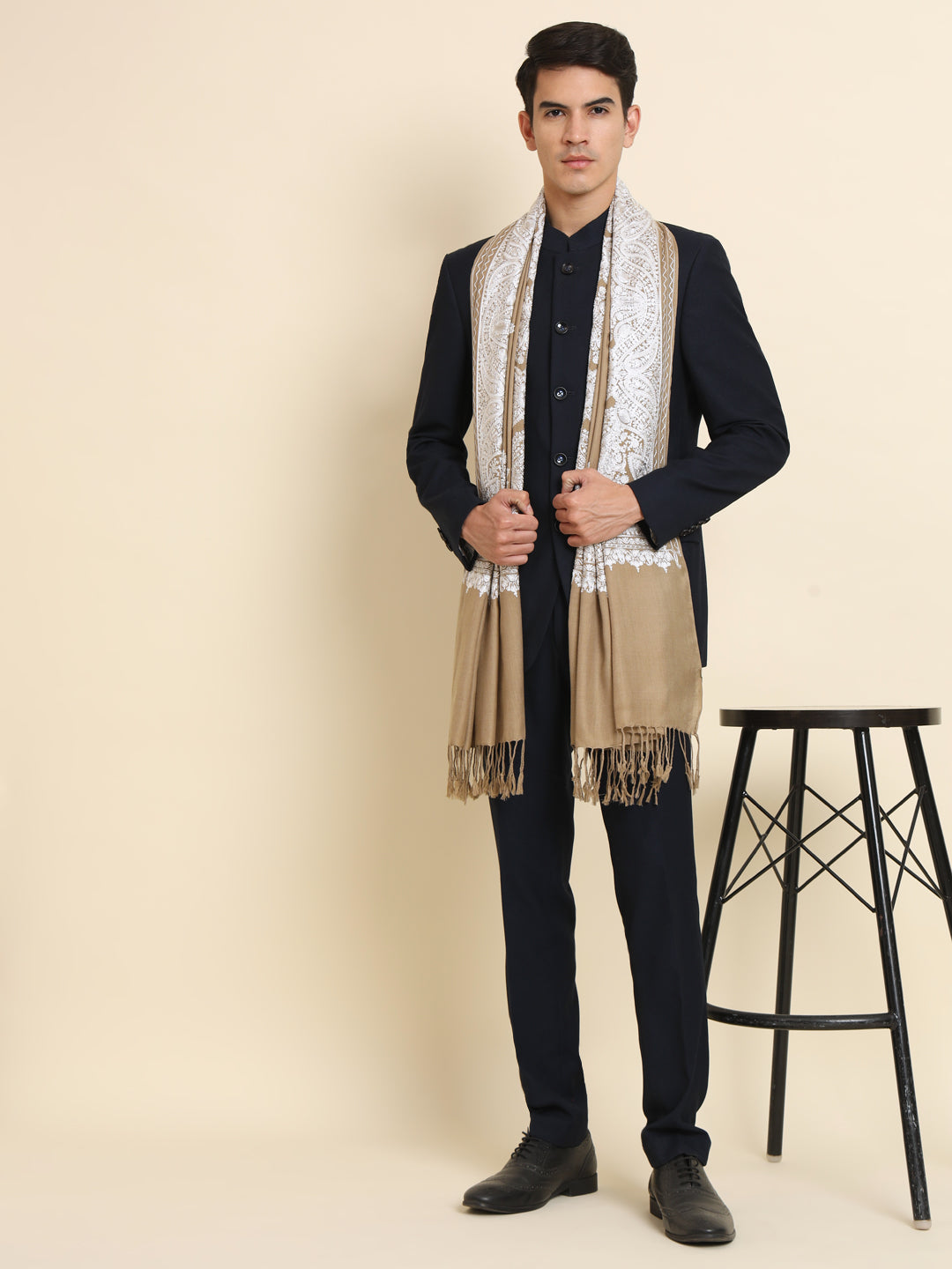 Woollen Pashmina Feel Stole in Silk Embroidery for Men | Brown