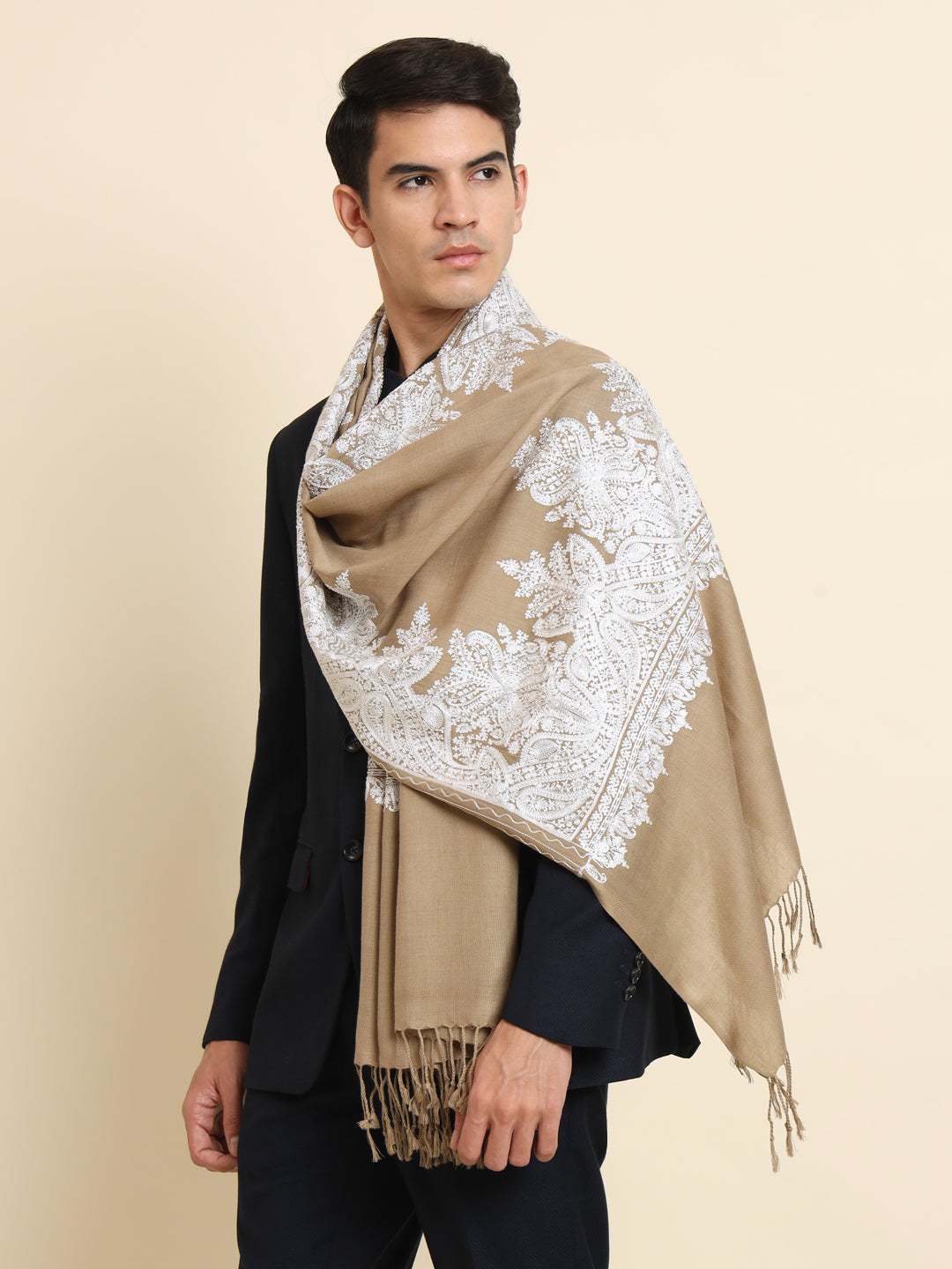 Woollen Pashmina Feel Stole in Silk Embroidery for Men | Brown