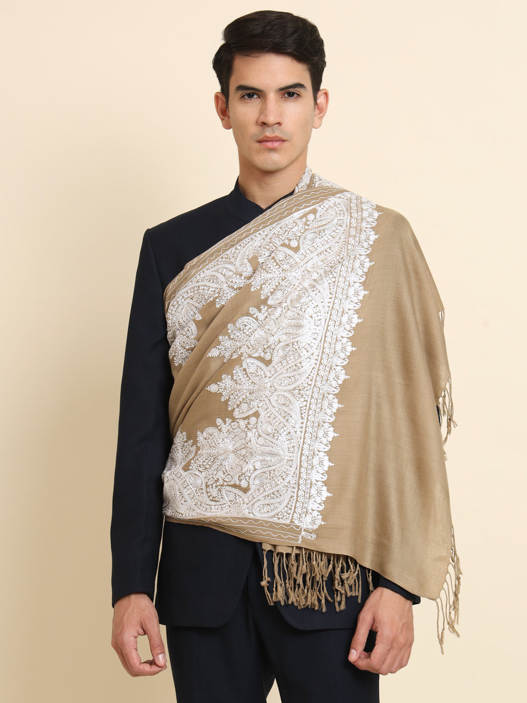 Woollen Pashmina Feel Stole in Silk Embroidery for Men | Brown