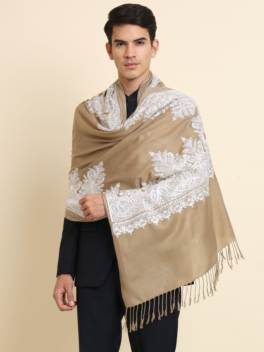 Woollen Pashmina Feel Stole in Silk Embroidery for Men | Brown