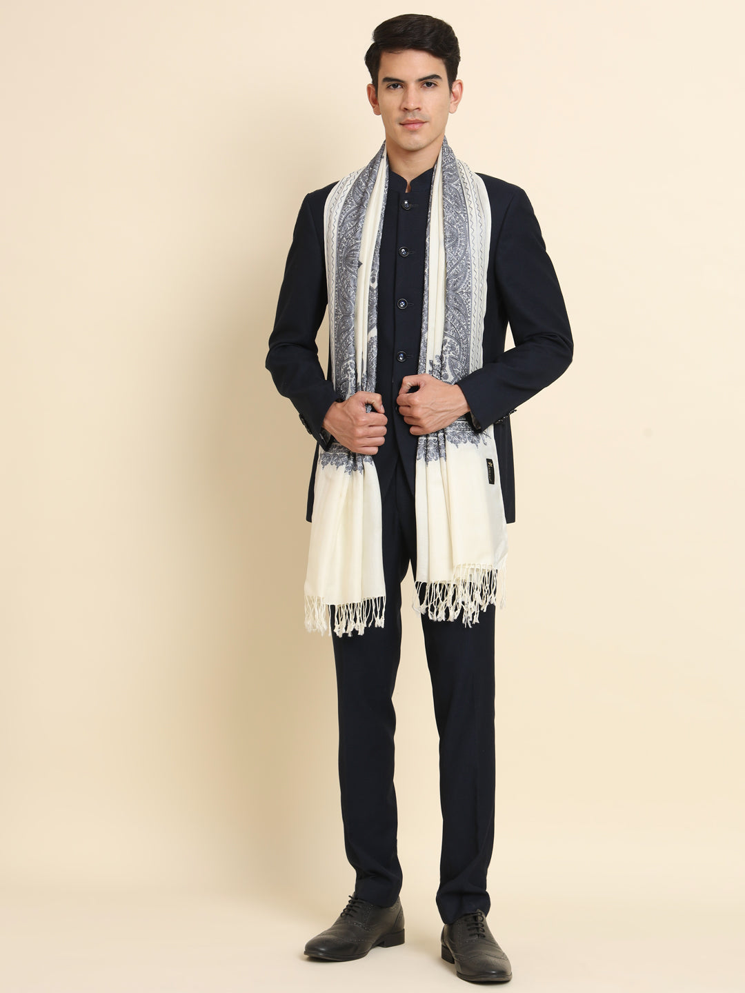 Woollen Pashmina Feel Stole in Silk Embroidery for Men | White
