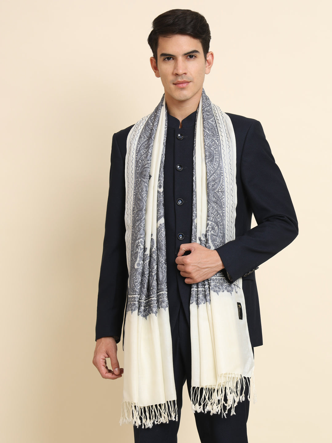 Woollen Pashmina Feel Stole in Silk Embroidery for Men | White