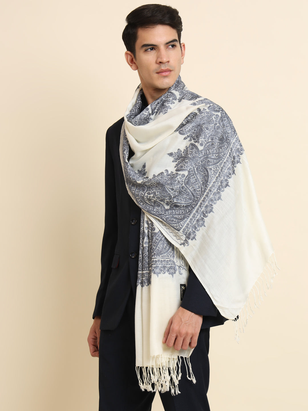 Woollen Pashmina Feel Stole in Silk Embroidery for Men | White