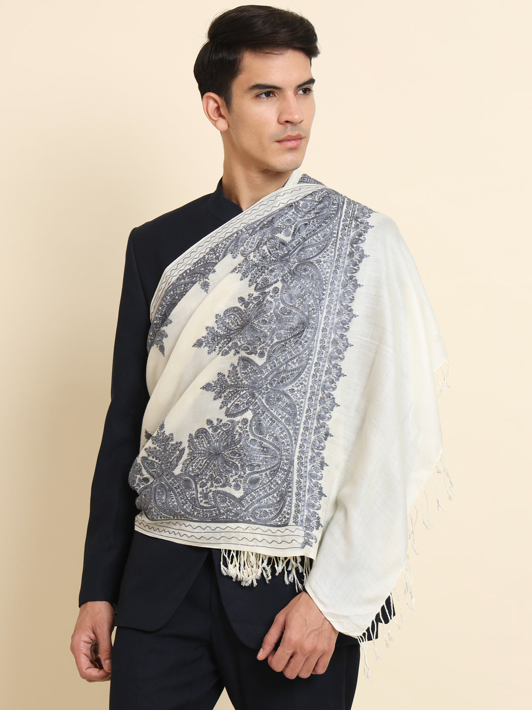 Woollen Pashmina Feel Stole in Silk Embroidery for Men | White