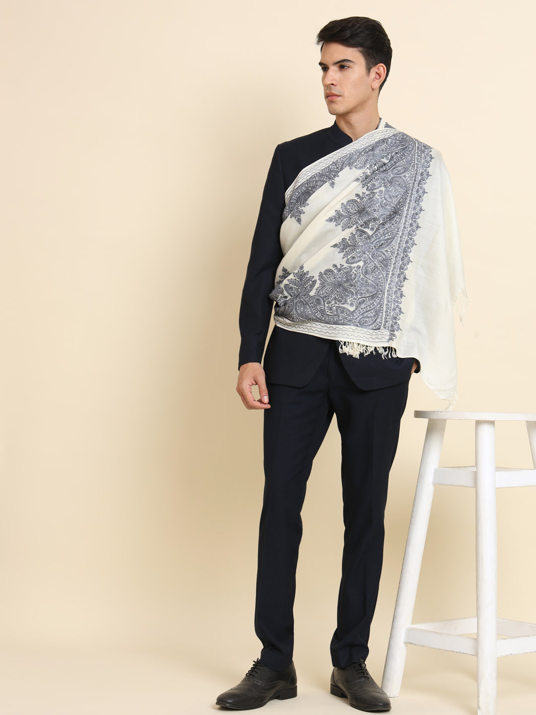 Woollen Pashmina Feel Stole in Silk Embroidery for Men | White