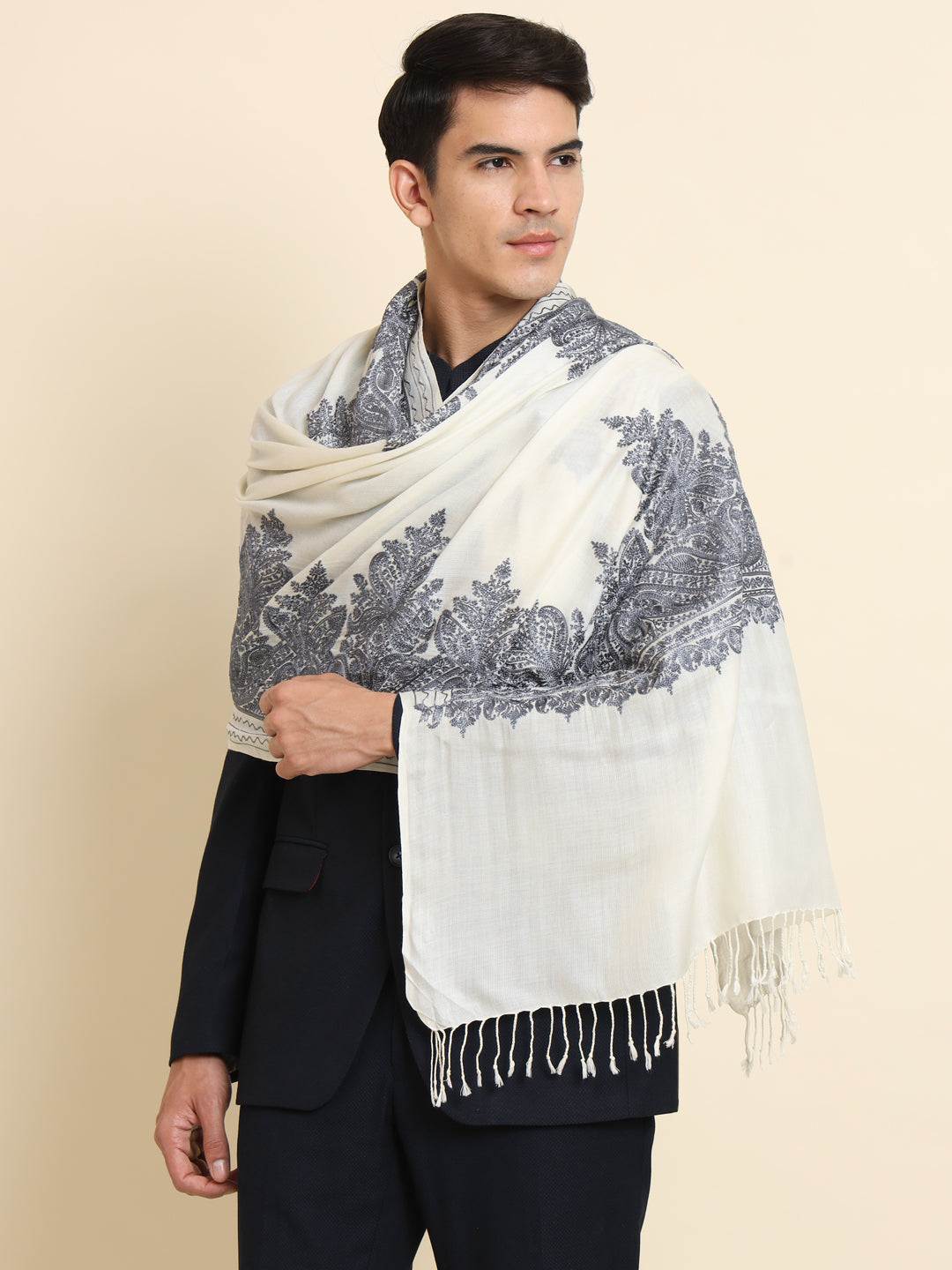 Woollen Pashmina Feel Stole in Silk Embroidery for Men | White