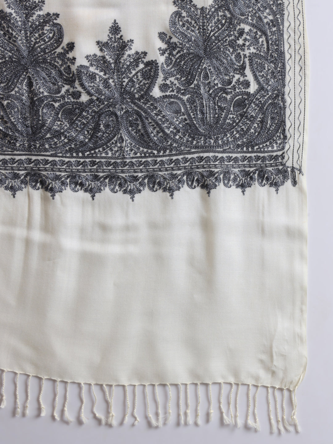 Woollen Pashmina Feel Stole in Silk Embroidery for Men | White