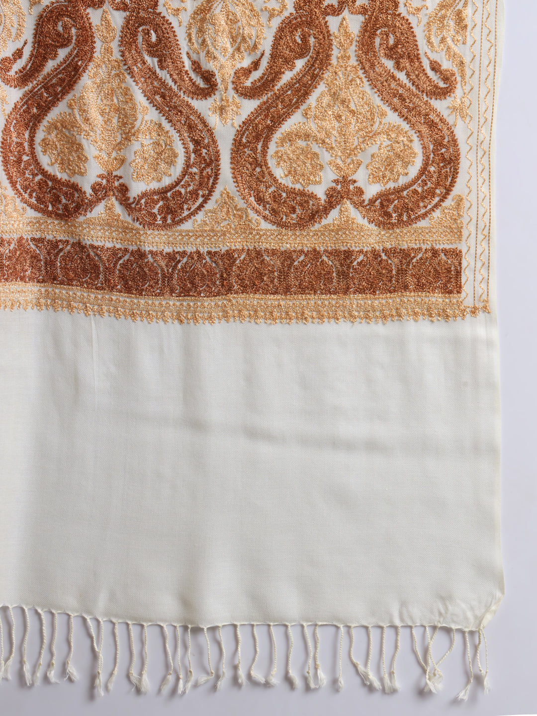 Woollen Pashmina Feel Stole in Silk Embroidery for Men | White