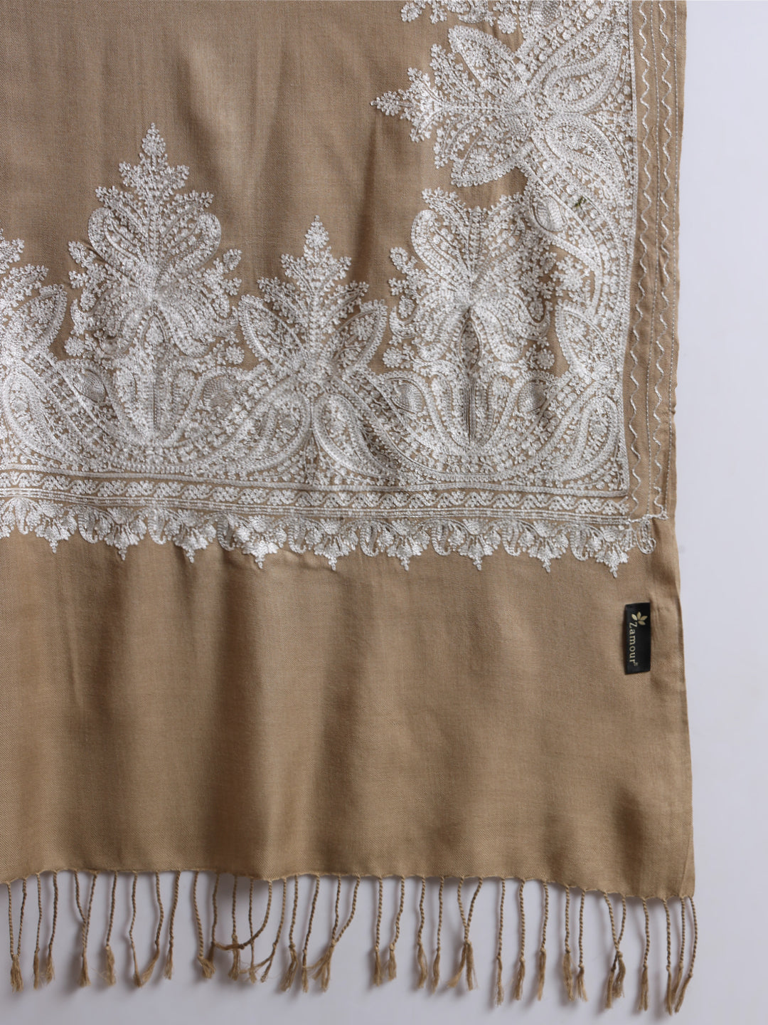 Woollen Pashmina Feel Stole in Silk Embroidery for Men | Brown