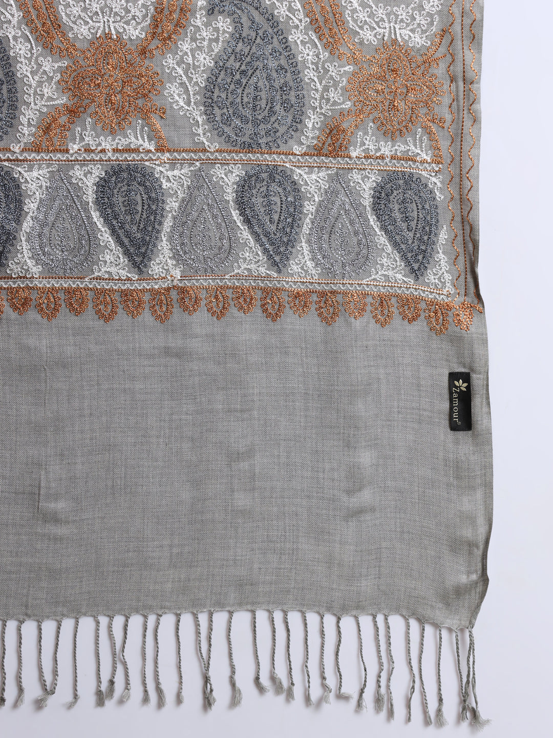 Woollen Pashmina Feel Royal Stole in Silk Embroidery Dense Jaal for Men | Grey