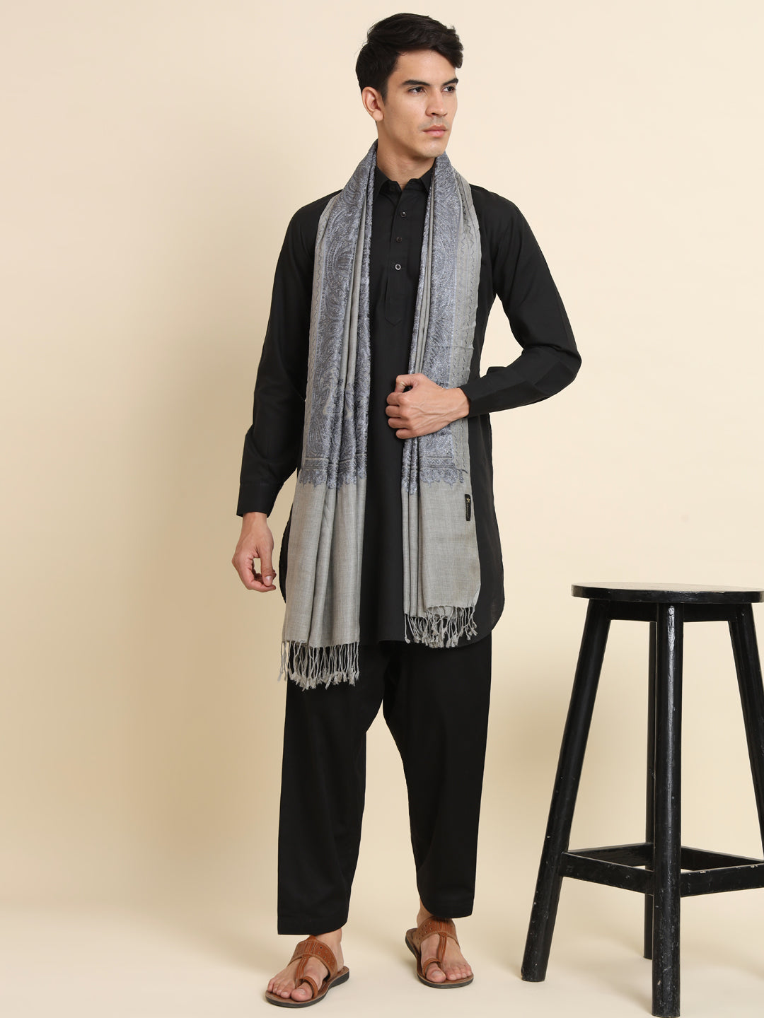Woollen Pashmina Feel Stole in Silk Embroidery for Men | Grey