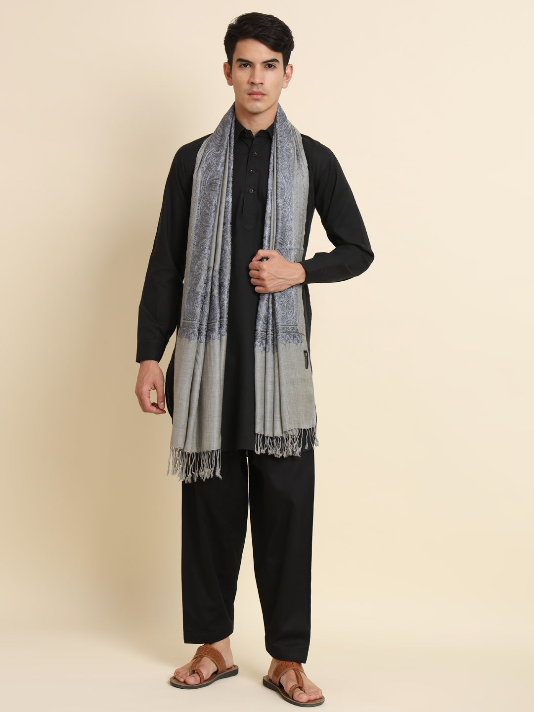 Woollen Pashmina Feel Stole in Silk Embroidery for Men | Grey