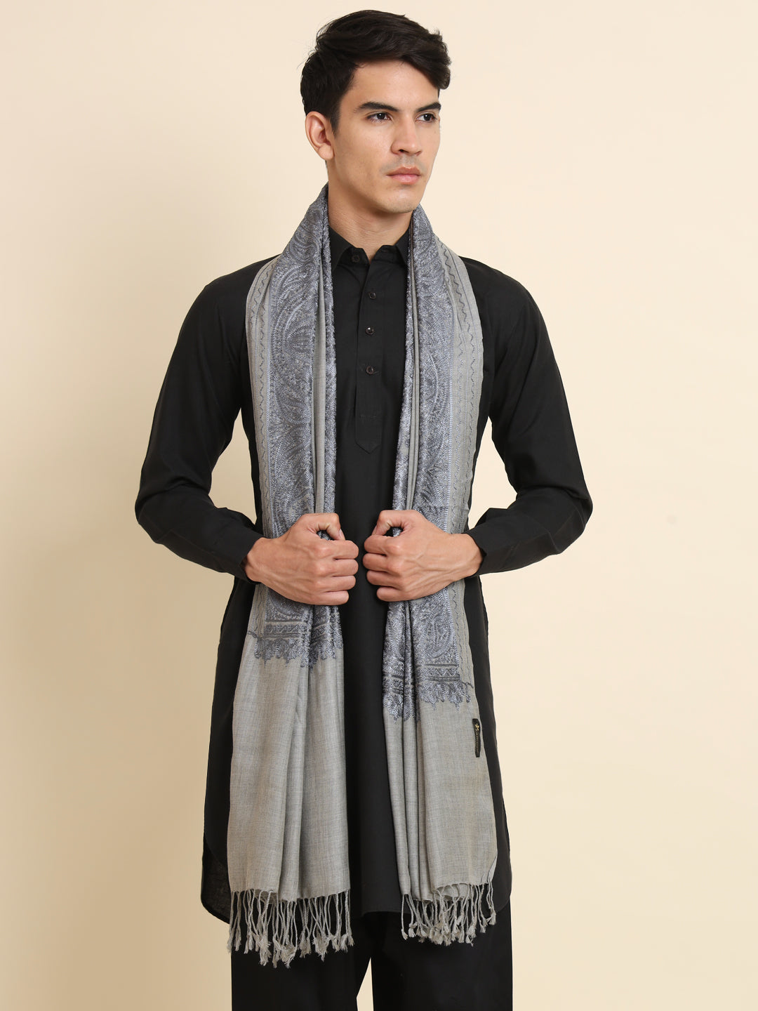Woollen Pashmina Feel Stole in Silk Embroidery for Men | Grey
