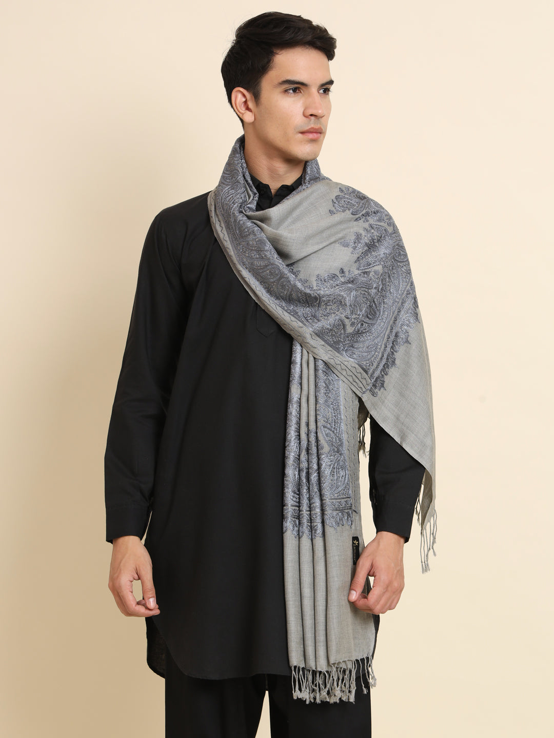 Woollen Pashmina Feel Stole in Silk Embroidery for Men | Grey