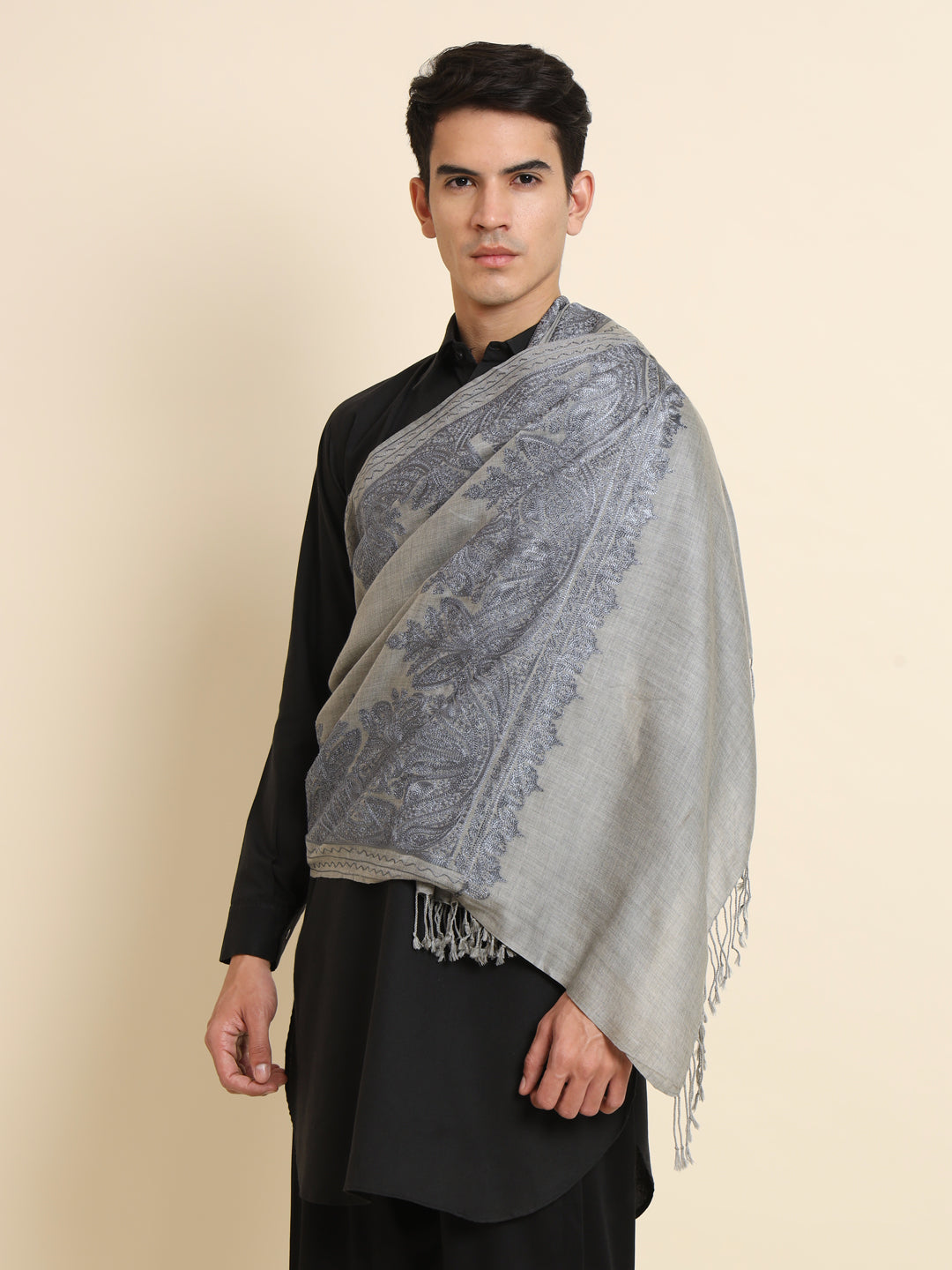 Woollen Pashmina Feel Stole in Silk Embroidery for Men | Grey