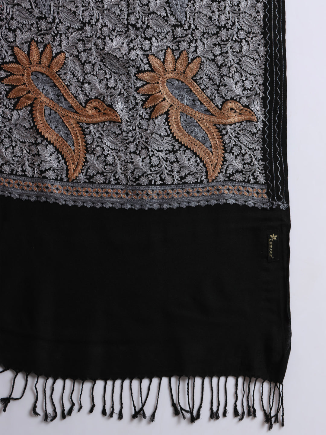 Woollen Pashmina Feel Stole in Silk Embroidery for Men | Black