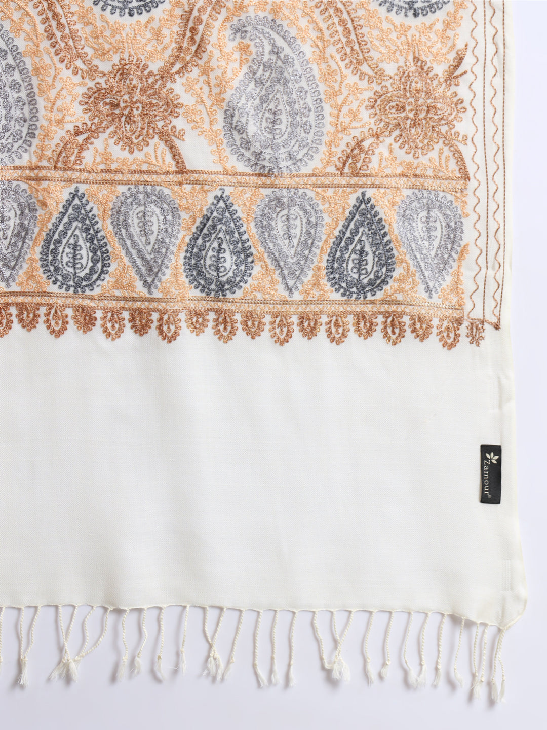 Woollen Pashmina Feel Royal Stole in Silk Embroidery Dense Jaal for Men | White