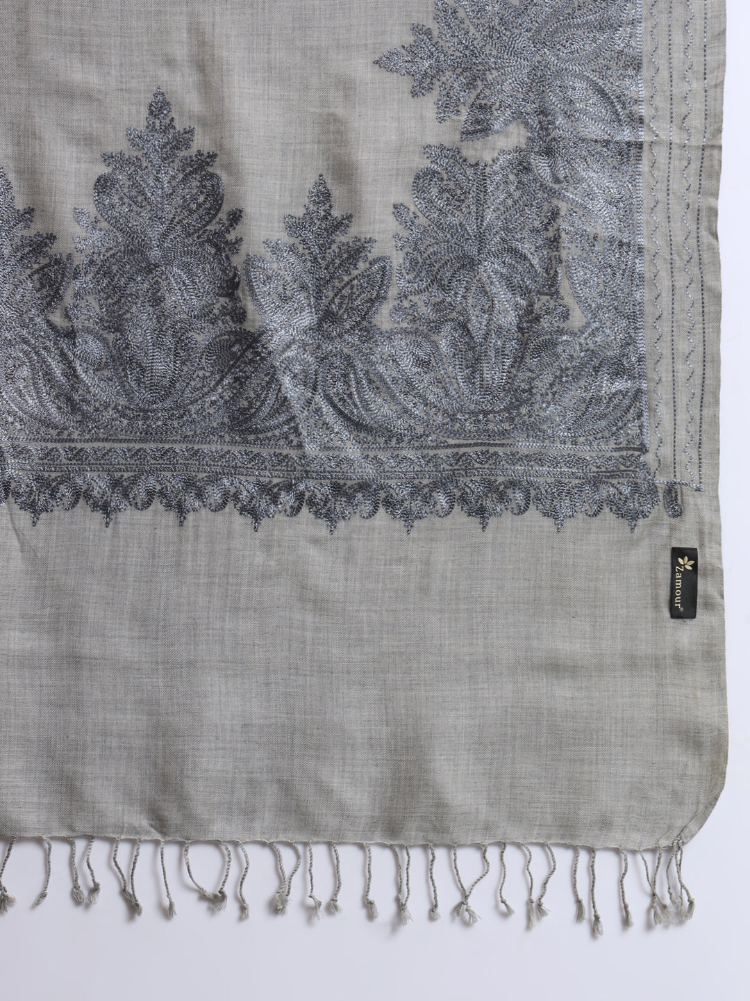 Woollen Pashmina Feel Stole in Silk Embroidery for Men | Grey