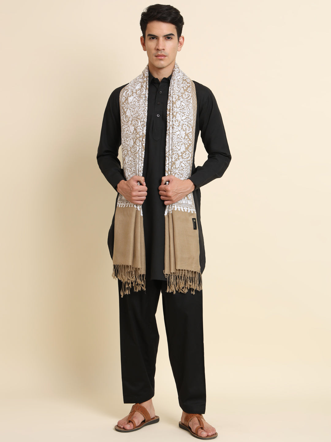 Woollen Pashmina Feel Royal Stole in Silk Embroidery Dense Jaal for Men | Brown-White