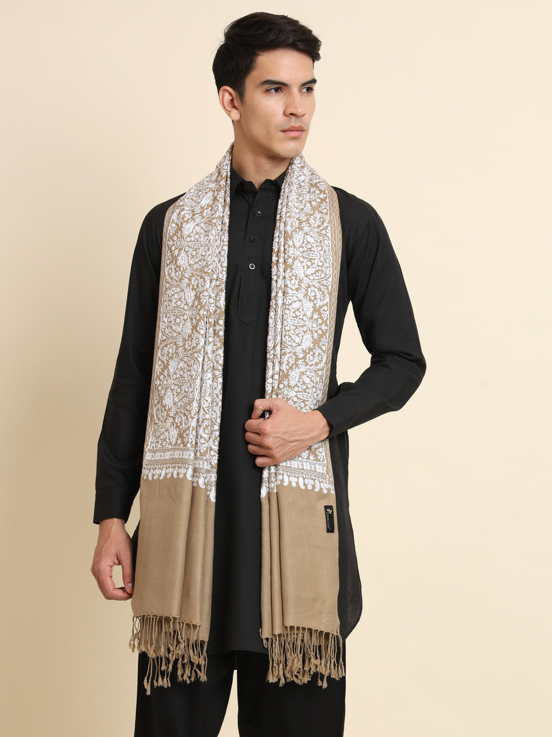 Woollen Pashmina Feel Royal Stole in Silk Embroidery Dense Jaal for Men | Brown-White