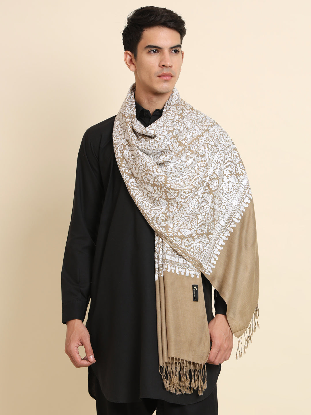Woollen Pashmina Feel Royal Stole in Silk Embroidery Dense Jaal for Men | Brown-White