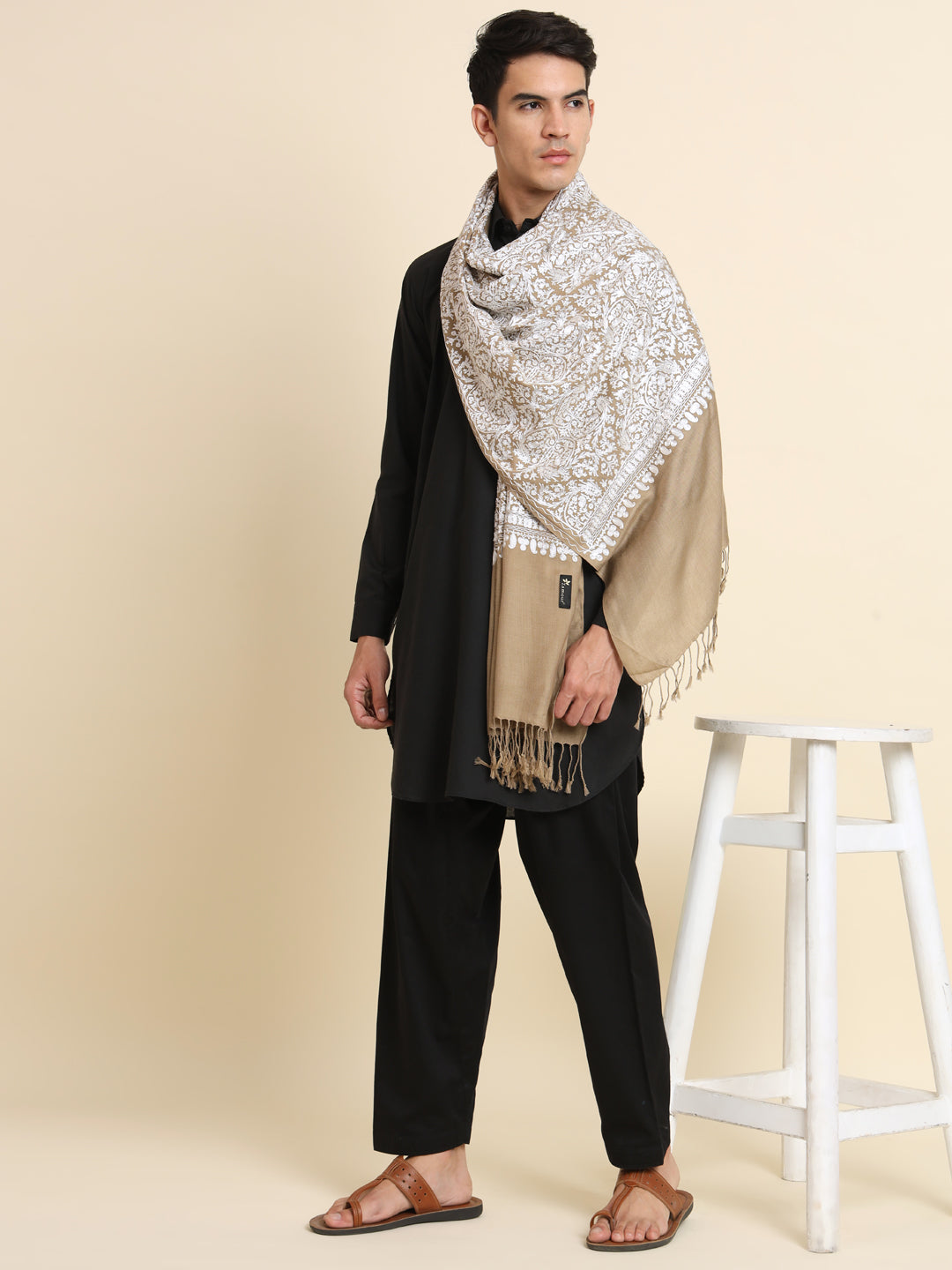 Woollen Pashmina Feel Royal Stole in Silk Embroidery Dense Jaal for Men | Brown-White